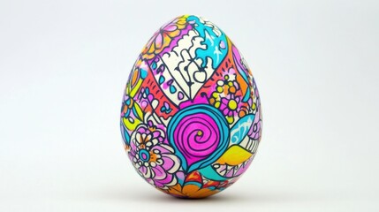 A single Easter egg adorned with vibrant symmetrical hand-drawn patterns, placed on a bright white canvas.