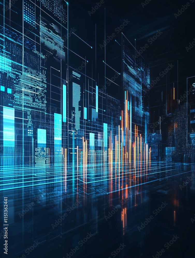 Poster a conceptual image of health data analysis with interconnected digital icons, bar graphs, and neural