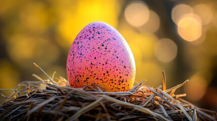 Obraz premium Pink speckled egg rests in a hay nest