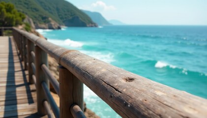 Fototapeta premium worn wooden railing creaks in the ocean breeze, clouds, waves