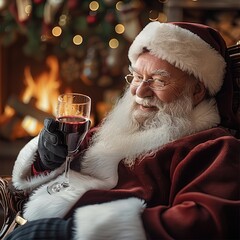 Santa Claus relaxing by fireplace at Christmas time and enjoying a glass of red wine.