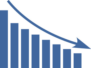 Blue and white graphic with a blue arrow pointing down. The graph consists of blue rectangles that...
