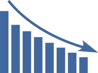 Blue and white graphic with a blue arrow pointing down. The graph consists of blue rectangles that overlap each other. Concept of decline and regression. transparent background