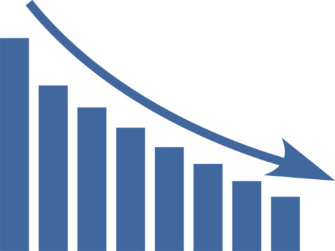 Blue and white graphic with a blue arrow pointing down. The graph consists of blue rectangles that overlap each other. Concept of decline and regression. transparent background