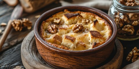 Earthenware pot featuring delicious bread and butter pudding alongside a spilled glass jar filled with walnuts, creating a cozy and appealing dessert scene with bread and butter pudding.