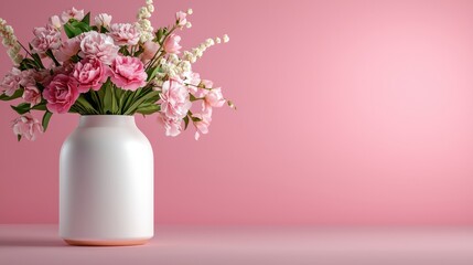 Naklejka premium Elegant Floral Arrangement in White Vase Against Soft Pink Background for Home Decor and Interior Design Inspiration