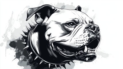 aggressive american bulldog head monochrome illustration, spiked collar detail, sharp teeth showing, side profile, bold black and white vector art, street art style drawing