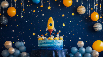 Space-themed birthday cake with rocket decorations and balloon background