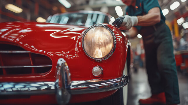 master mechanic expertly polishes classic red car, showcasing skill and precision in workshop. gleaming surface reflects dedication and craftsmanship