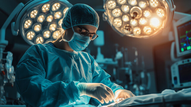 medical professional in full surgical gear performs procedure under bright operating room lights, showcasing dedication and precision in critical environment