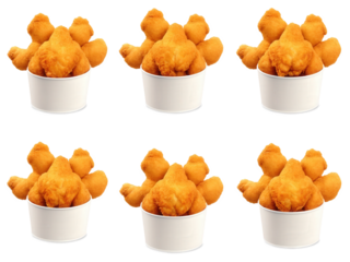 Fried chicken bucket Crispy golden fried chicken pieces, creative presentation, transparent bg, vivid yellows and reds