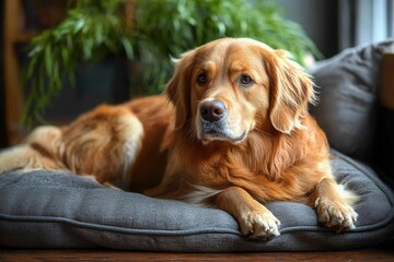 anxiety dog lying peacefully on a soft mat, surrounded by calming plants and soothing decor. the atmosphere conveys tranquility, showcasing the bond between animal therapy and emotional well-being