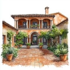 Mediterranean Villa Watercolor, Courtyard, Home - Watercolor illust.