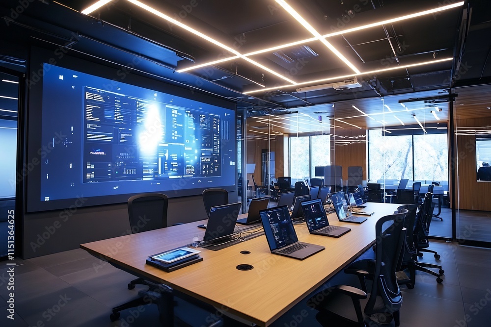 Aufkleber tech driven modern office with central digital display and collaborative workstations