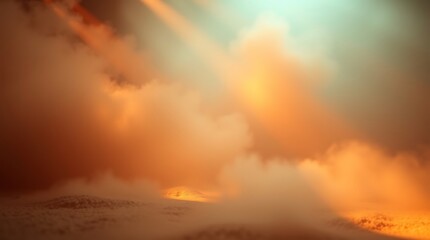 Fototapeta premium Surreal sunset landscape: hazy orange and teal sky over a misty, undulating terrain, evoking a dreamlike atmosphere.