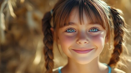 Obraz premium Young American girl with pigtails and a bright smile.