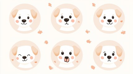 charming dog face collection, circle frame designs, light colored backgrounds, minimalist pet pictograms, gentle pencil art, expressive animal emotions, simple line drawings, kawaii pet