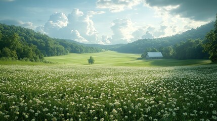 Serene field, wildflowers, barn, rolling hills.