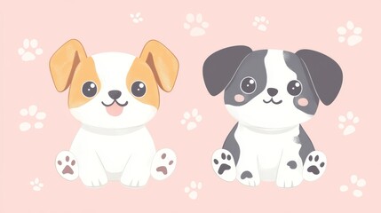 Naklejka premium charming pet pairs collection, decorative animal stickers, gentle pastel colors, modern vector illustration, cute friendship artwork, simple paw print pattern, cartoon character design, minimal