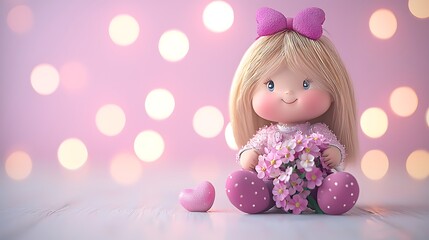 Fototapeta premium Adorable Blonde Doll Holding Flowers With Heart