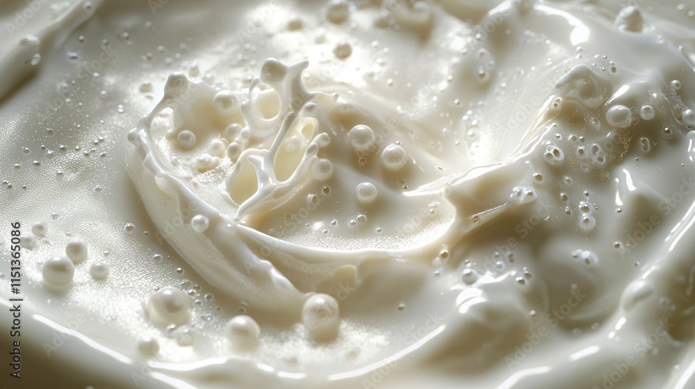 Poster creamy milk splash with bubbles creating a smooth and textured surface in a close-up view
