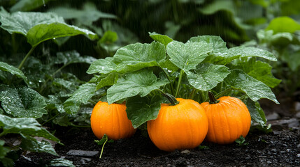 Rain-Soaked Pumpkins Growing in Garden Patch.