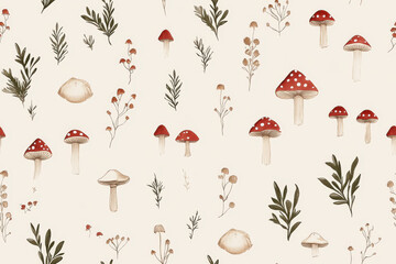 Enchanted Forest: A whimsical watercolor pattern featuring red mushrooms and delicate foliage, perfect for textile design and autumnal projects. 