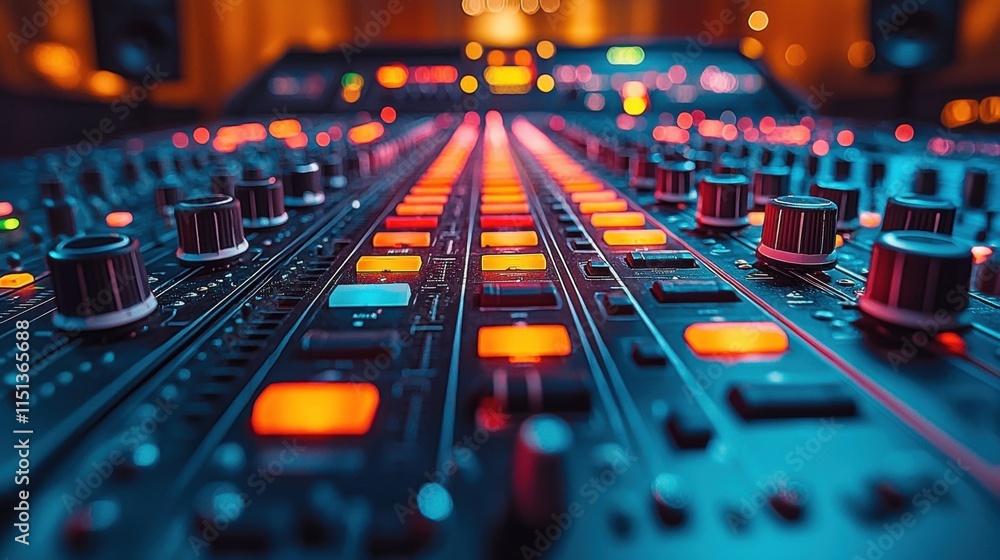 Poster vibrant audio mixing console with glowing lights in a professional recording studio setting