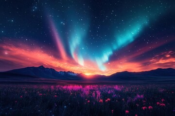 Obraz premium aurora borealis dances across a starry sky above majestic mountains, vibrant colors of green and purple illuminating the night, creating a breathtaking natural spectacle