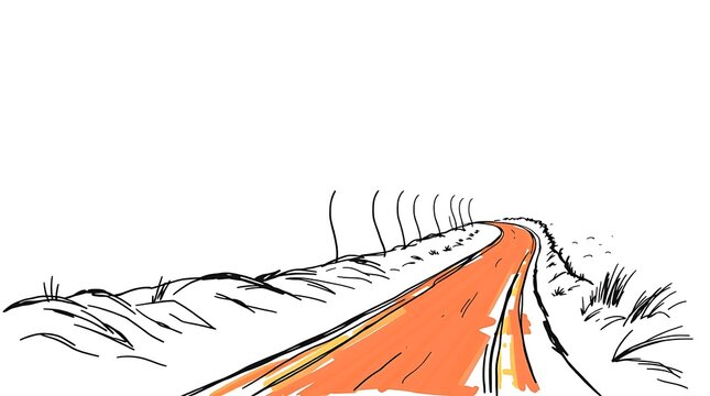 Winding orange road illustration, a hand-drawn path leading into the distance, journey concept, travel route graphic