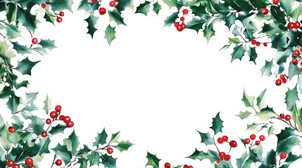 A festive arrangement of holly leaves and berries on a white background, perfect for holiday designs.