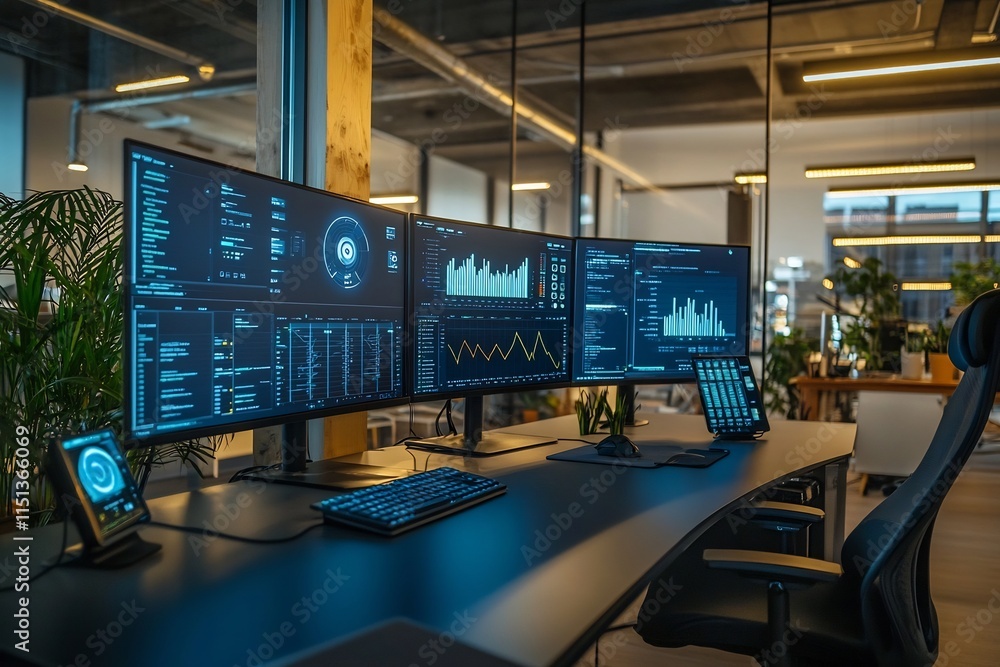 Poster futuristic high tech office with sleek metallic desks and large data analytics displays