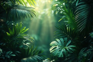 bali-inspired template features a green background adorned with tropical palm and banana leaves, illuminated by atmospheric sunlight rays, creating an exotic and inviting ambiance