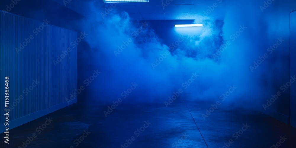 Poster a vertical image captures an empty room illuminated by blue lighting and filled with smoke, creating