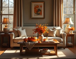 Classic living room with sofa and table setting decorated with pumpkins and flowers for thanksgiving day. AI Generative