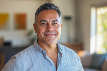 Obraz premium Mature hispanic male smiling in bright living room