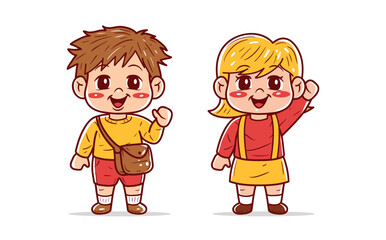 Cute school boy and girl are waving hands vector illustration