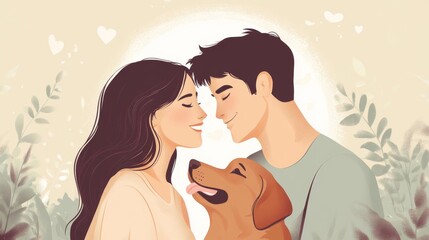 Obraz premium flat design pet adoption illustration, caring couple with brown dog, modern vector art style, pastel color palette, simple geometric shapes, gentle expressions, emotional bonding moment, minimal