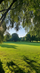 Obraz premium Serene Park Lawn Sunrise, Overhanging Trees, Peaceful Background, Relaxing Nature Scene.