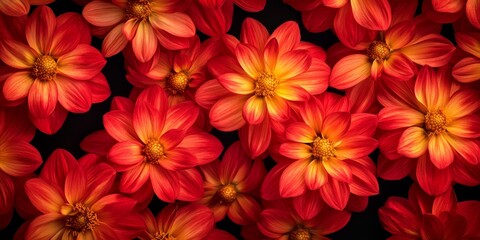 Vibrant red and yellow dahlia blooms against a black background create a stunning autumn floral backdrop, perfect for showcasing text or highlighting the beauty of dahlia flowers.