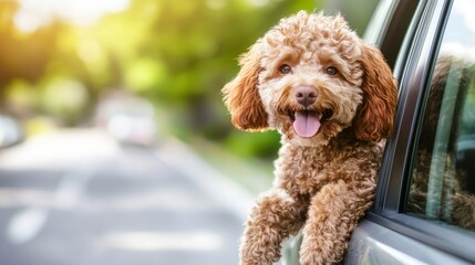 Fototapeta premium fluffy labradoodle hanging out car window, curly brown fur, playful expression, sunny day, modern silver car, joyful pet travel, shallow depth field, lifestyle photography, afternoon light, summer