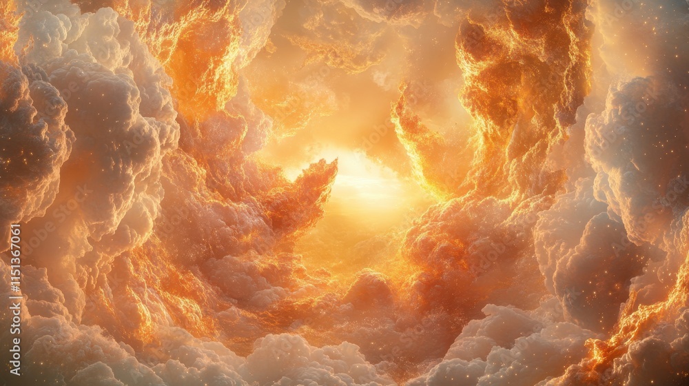 Poster a striking cloudscape with golden sunlight filtering through, creating a perfect space for bold text