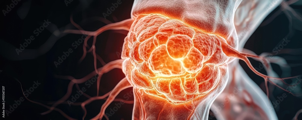 Poster arthritis disease idea. detailed visualization of a human joint with glowing vascular networks and n