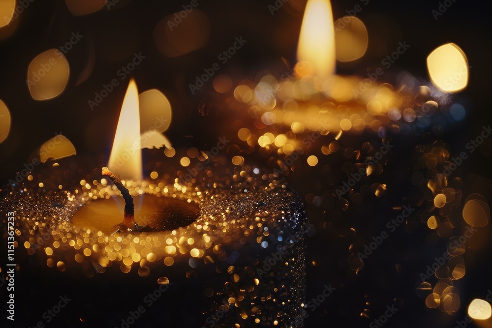 Poster two burning candles creating a warm and magical atmosphere with golden bokeh lights in the backgroun