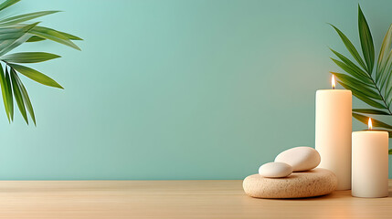 Spa candles stones serenity teal background wellness website banner.