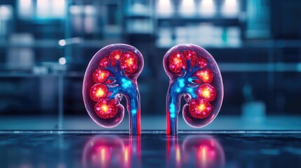 Obraz premium Kidney disease idea. Realistic depiction of human kidneys with glowing details and vibrant colors.