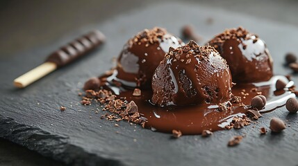 A high-end dessert display of chocolate lava ice cream, molten chocolate sauce glistening as it flows over the sides of the scoops, garnished with a sprinkling of cocoa nibs and a chocolate stick,