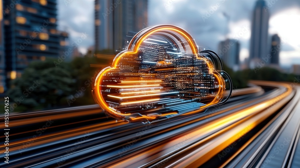 Poster futuristic cloud computing concept with digital data streams and cityscape background