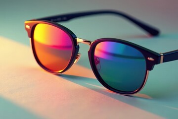 Close-up of trendy sunglasses on a flat surface, tinted lens, modern
