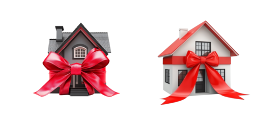 3D model of modern house wrapped in red ribbon with bow Isolated on a white background